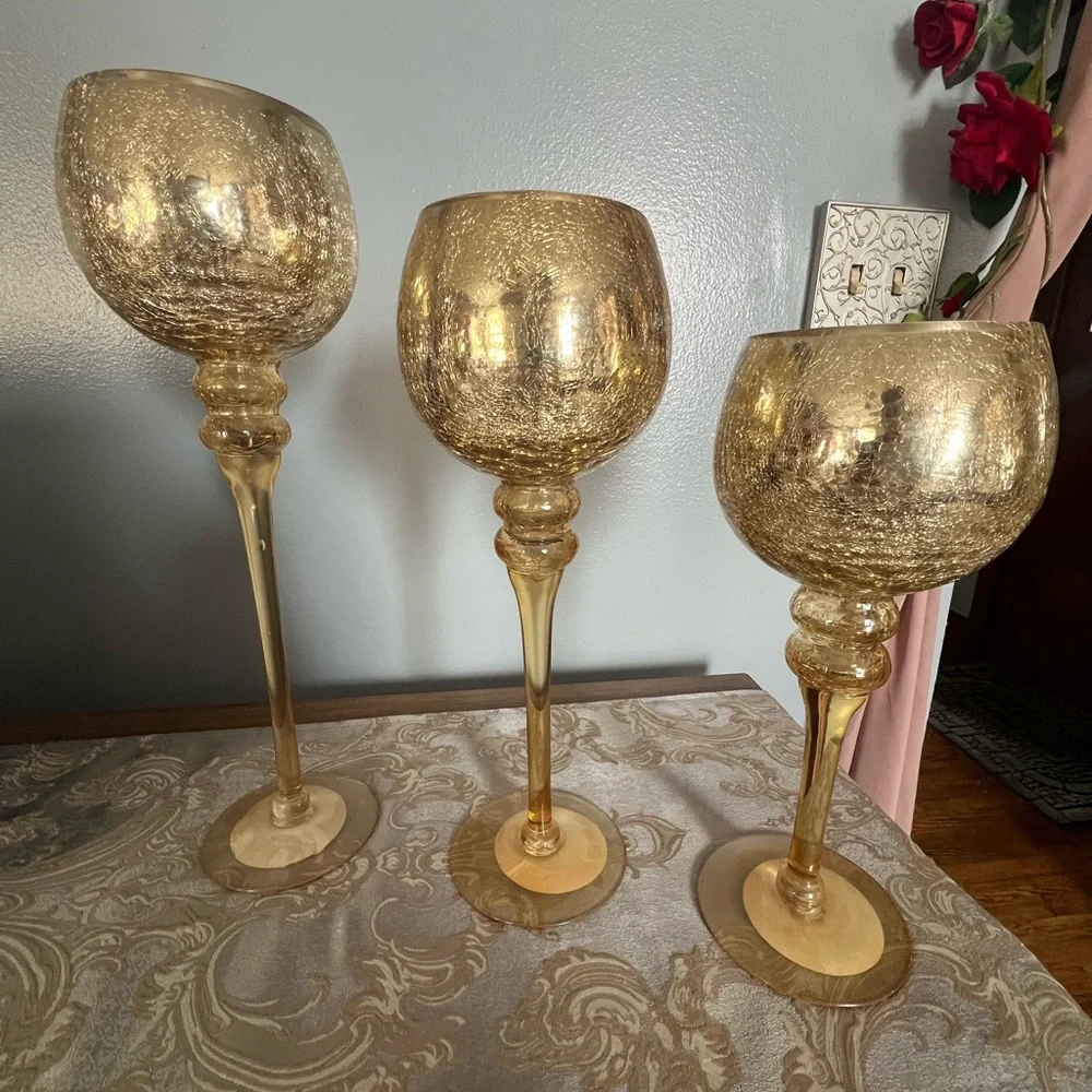 Set of 3 Crackle Gold Glass Tealight Holders